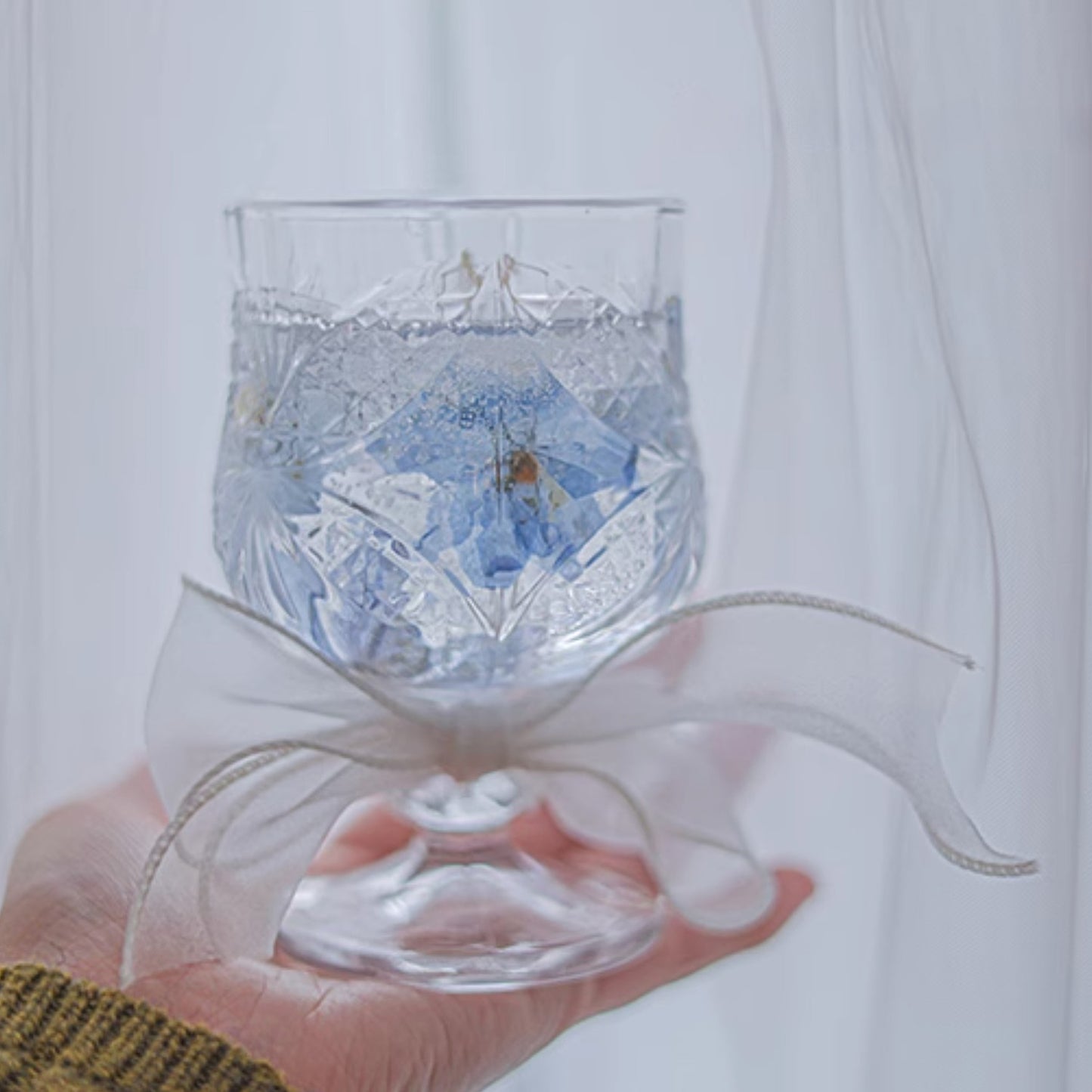 Handcrafted Decorative Glass Candle with Blue Floral Pattern - Four Seasons Collection